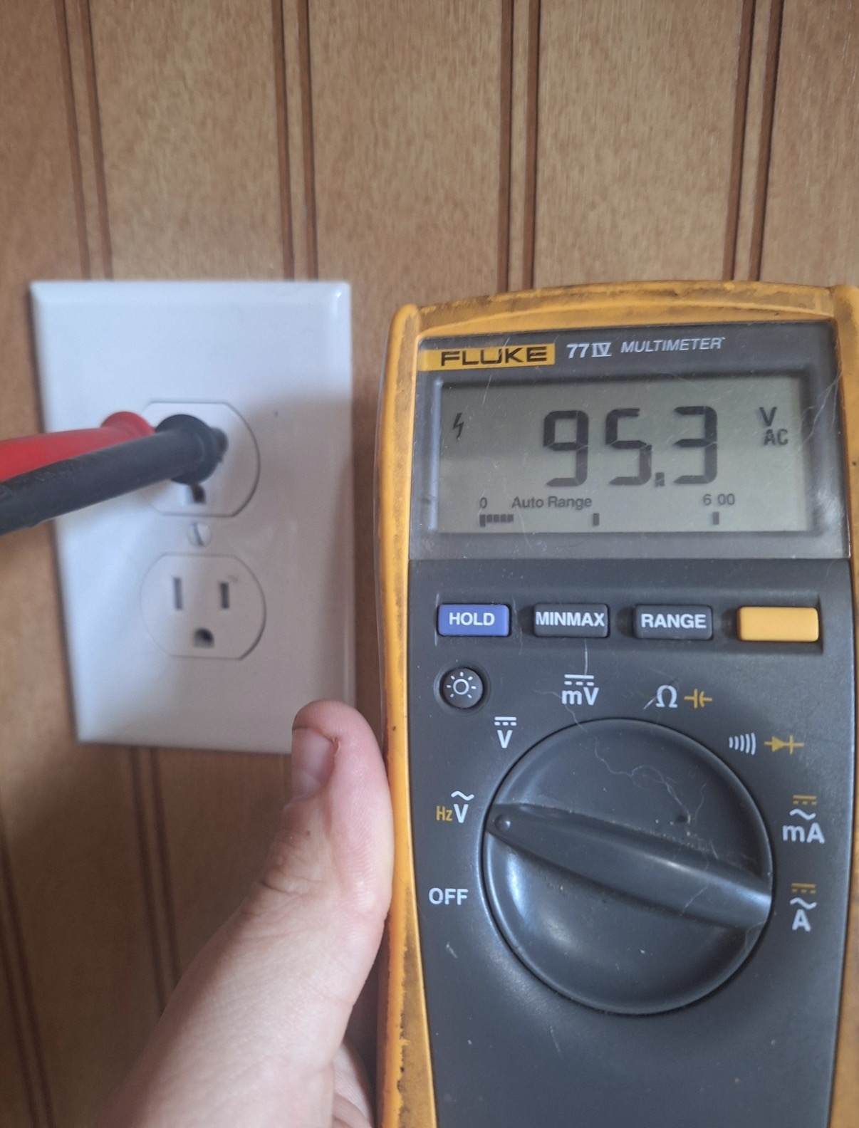 Multimeter voltage check on a household electrical outlet