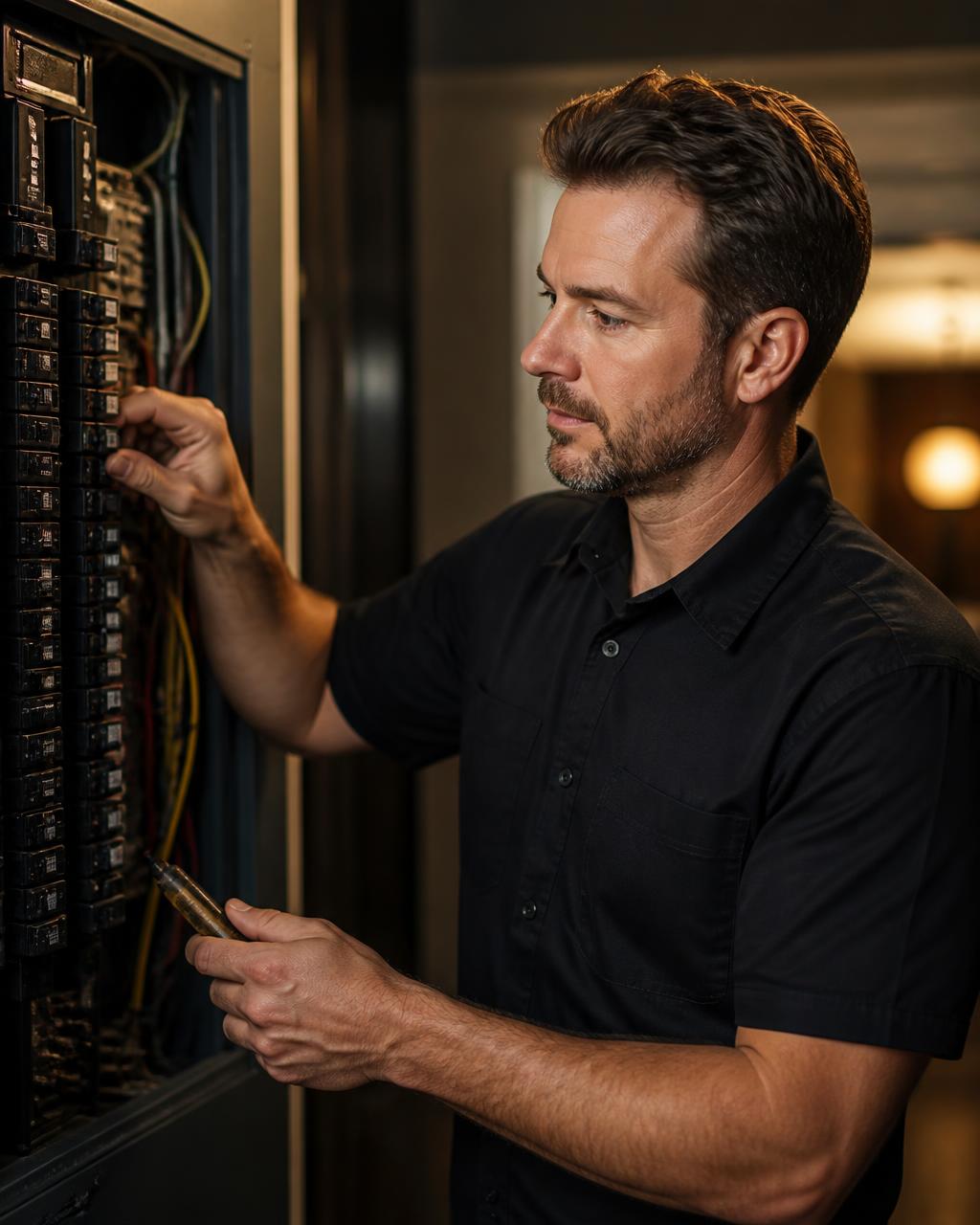 Licensed electrician inspecting a residential electrical panel in Aurora